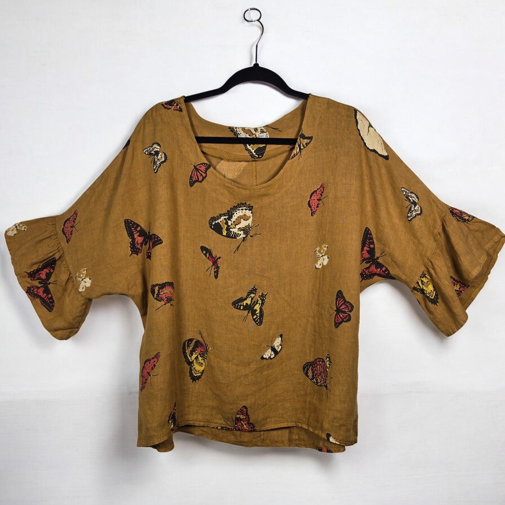 Viola Borghi Top Woman Small 100% Linen Caramel Butterfly Made in Italy Boho
